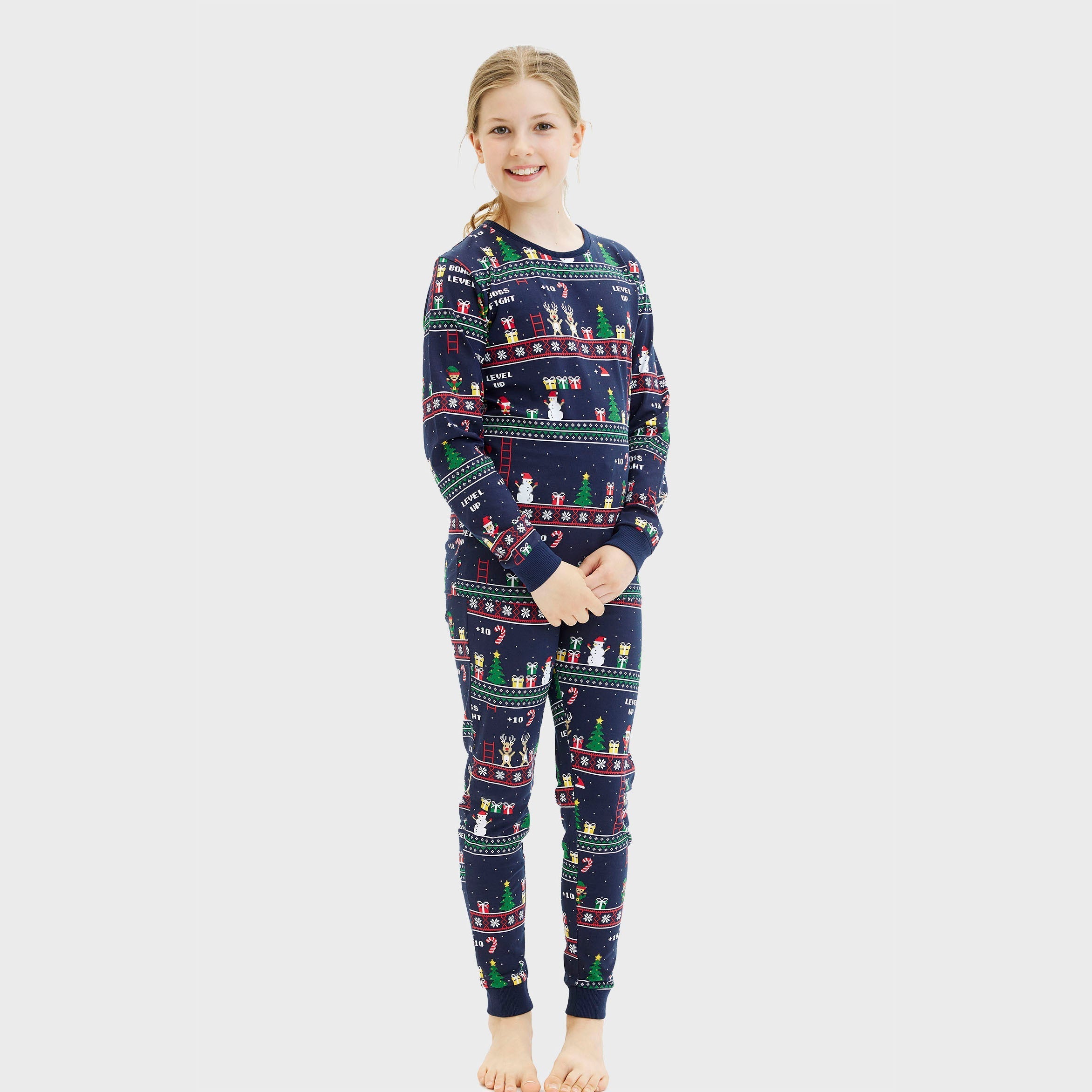 Vintage gamer kerstpyjama voor kinderen in blauw