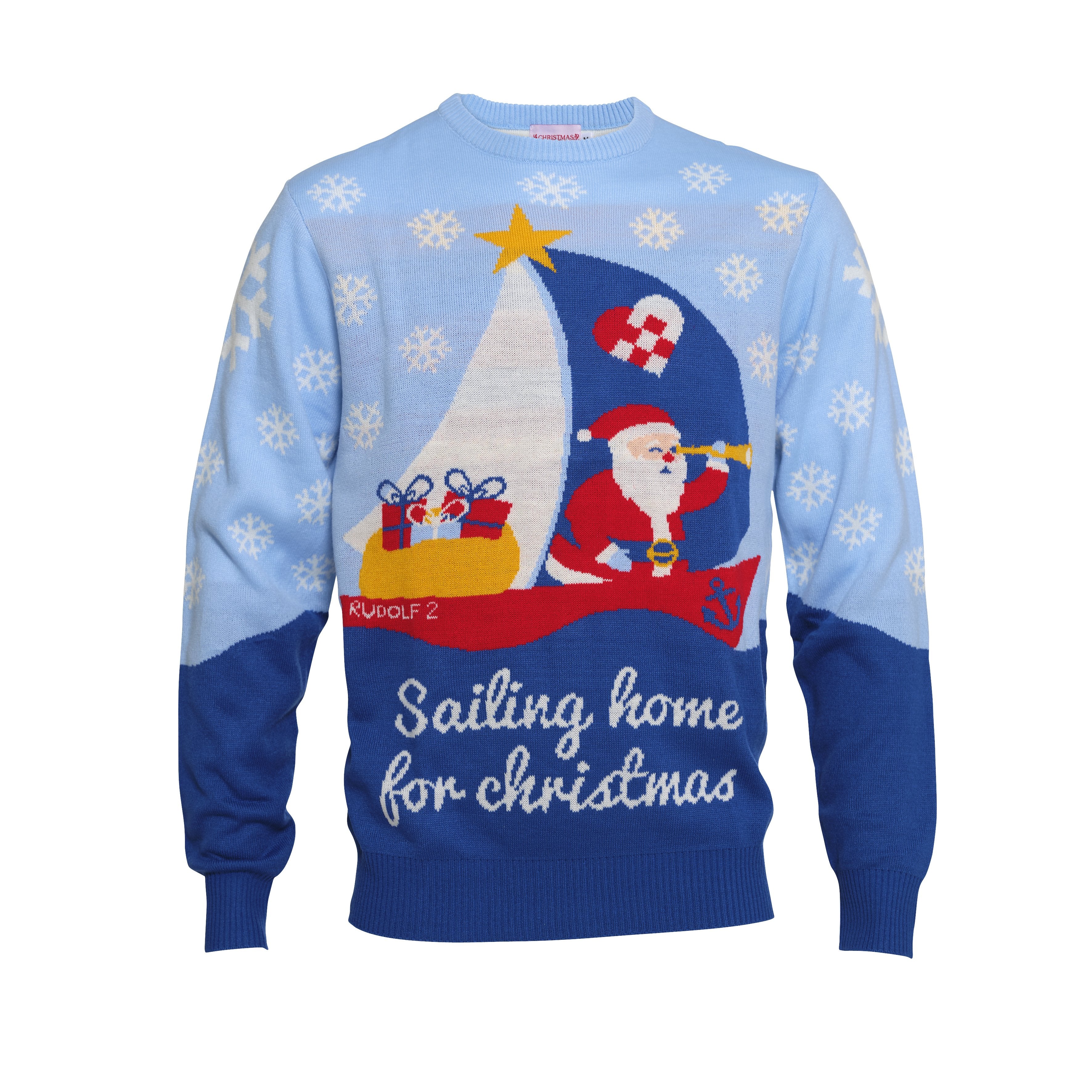 Un pull bleu de Noël sur le thème de la voile.
