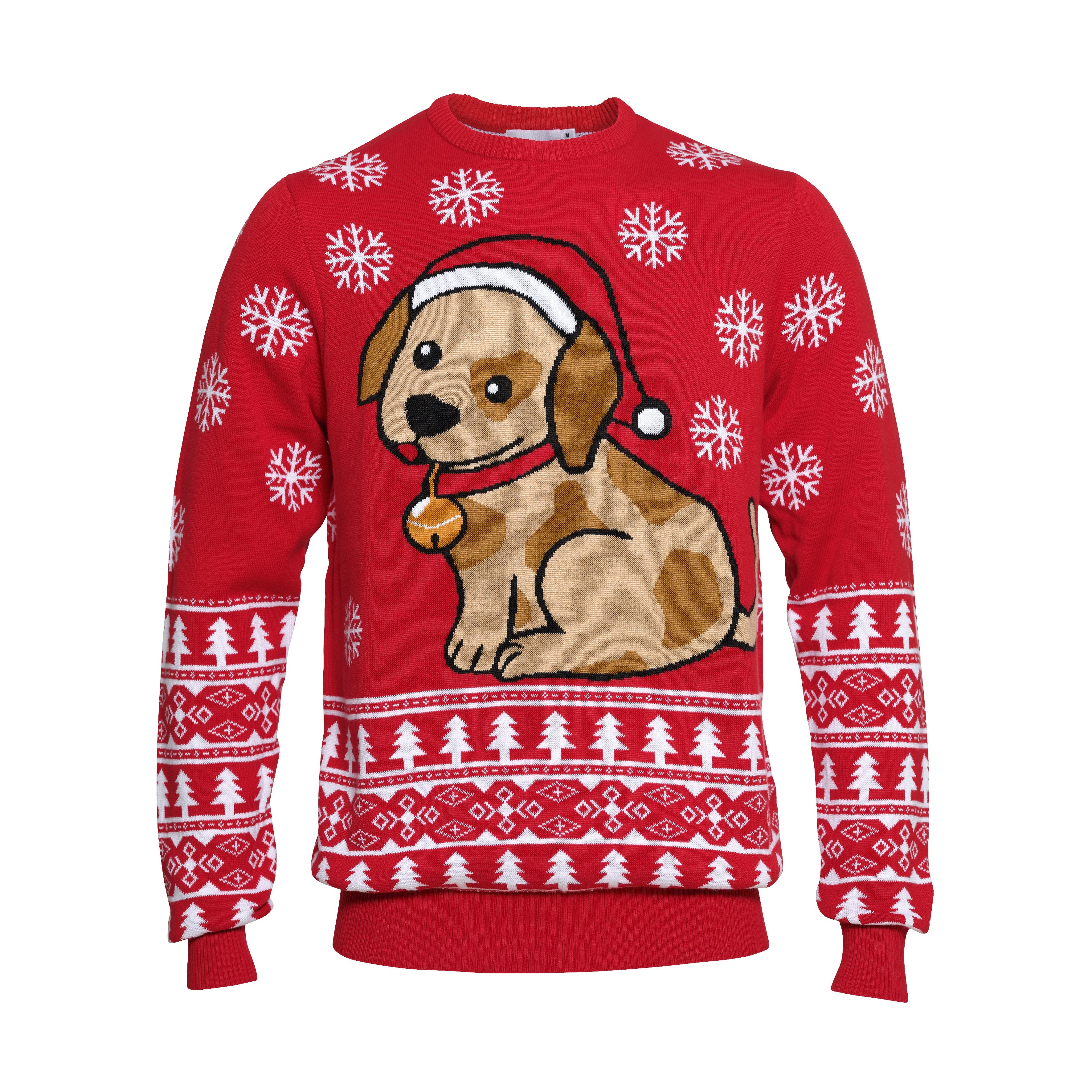 Un pull rouge de Noël avec un chien et des flocons de neige dessus.