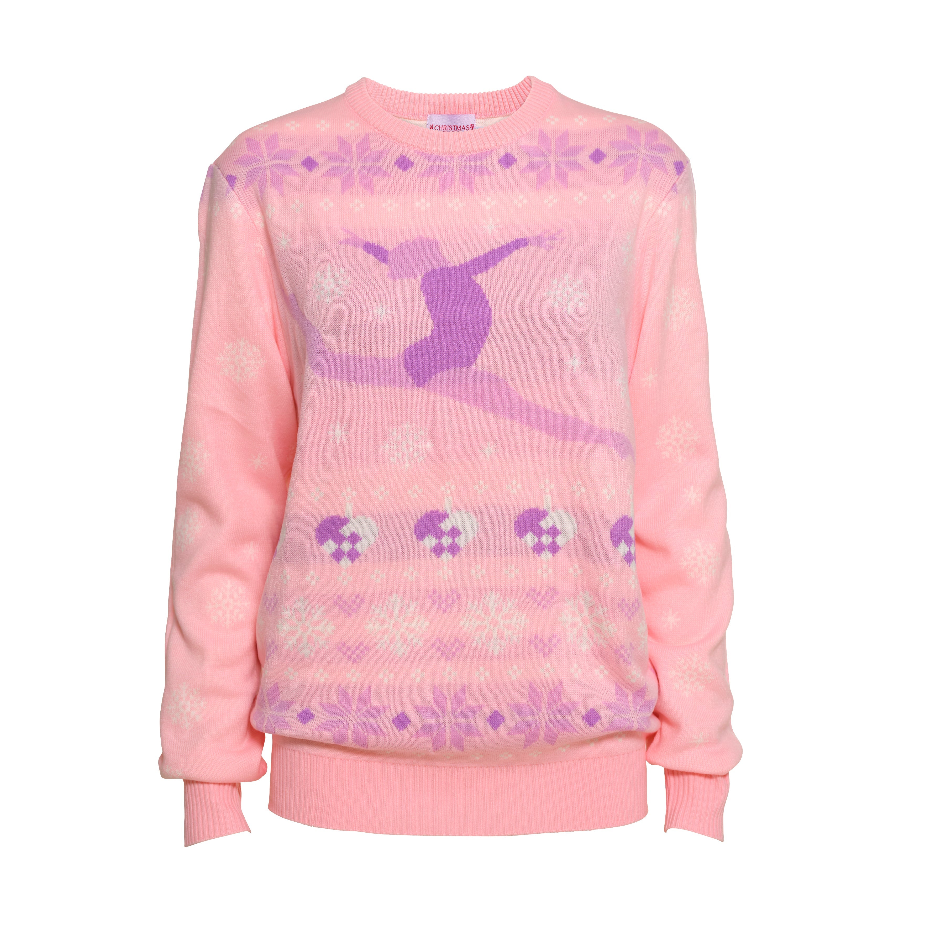 En lyserød julesweater med en ballerina på.