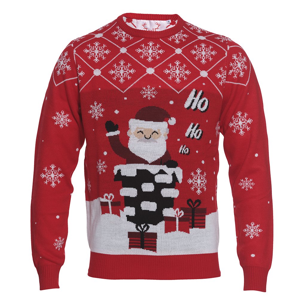 Un pull de Noël rouge avec un Père Noël dans une cheminée.