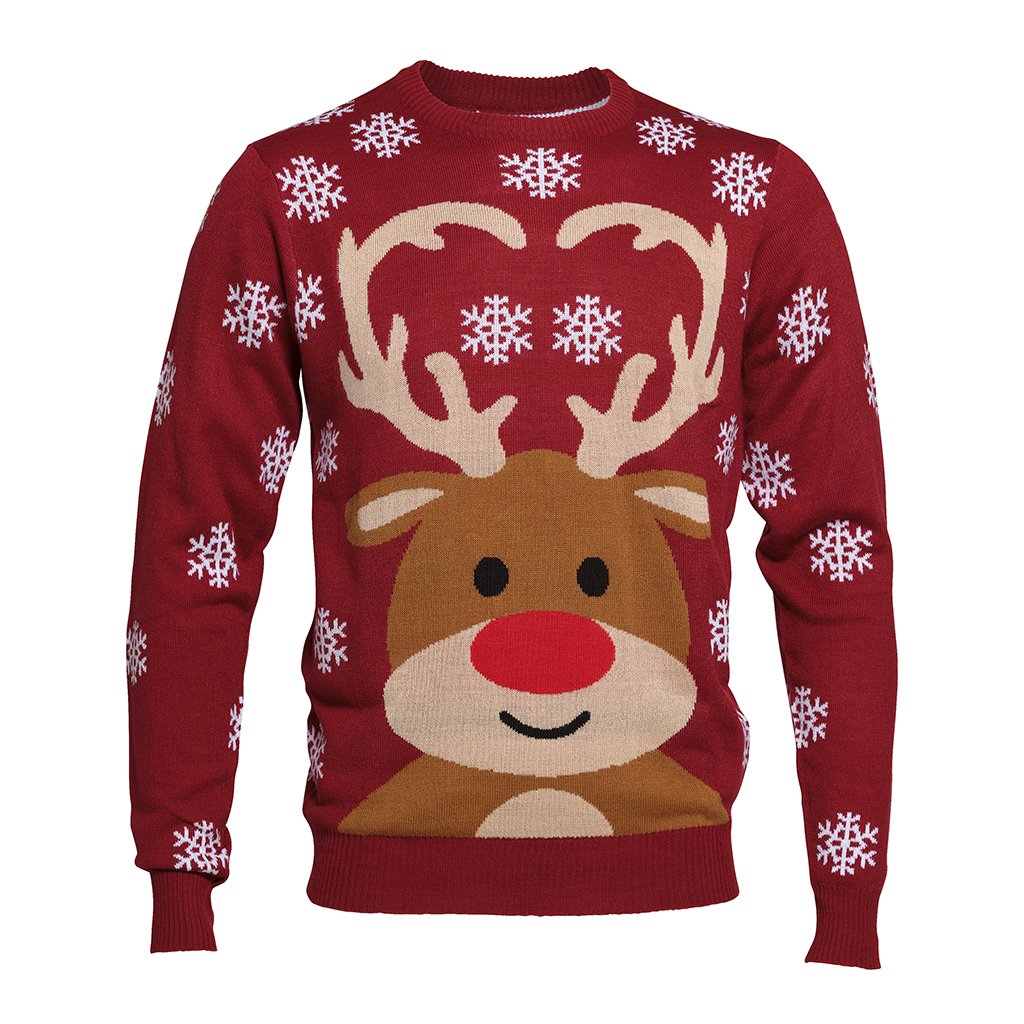 Un pull de Noël rouge foncé avec Rudolph et des flocons de neige.