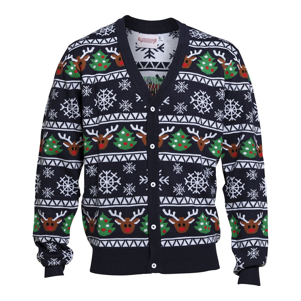 Un gilet de Noël noir avec des flocons de neige et des rennes.