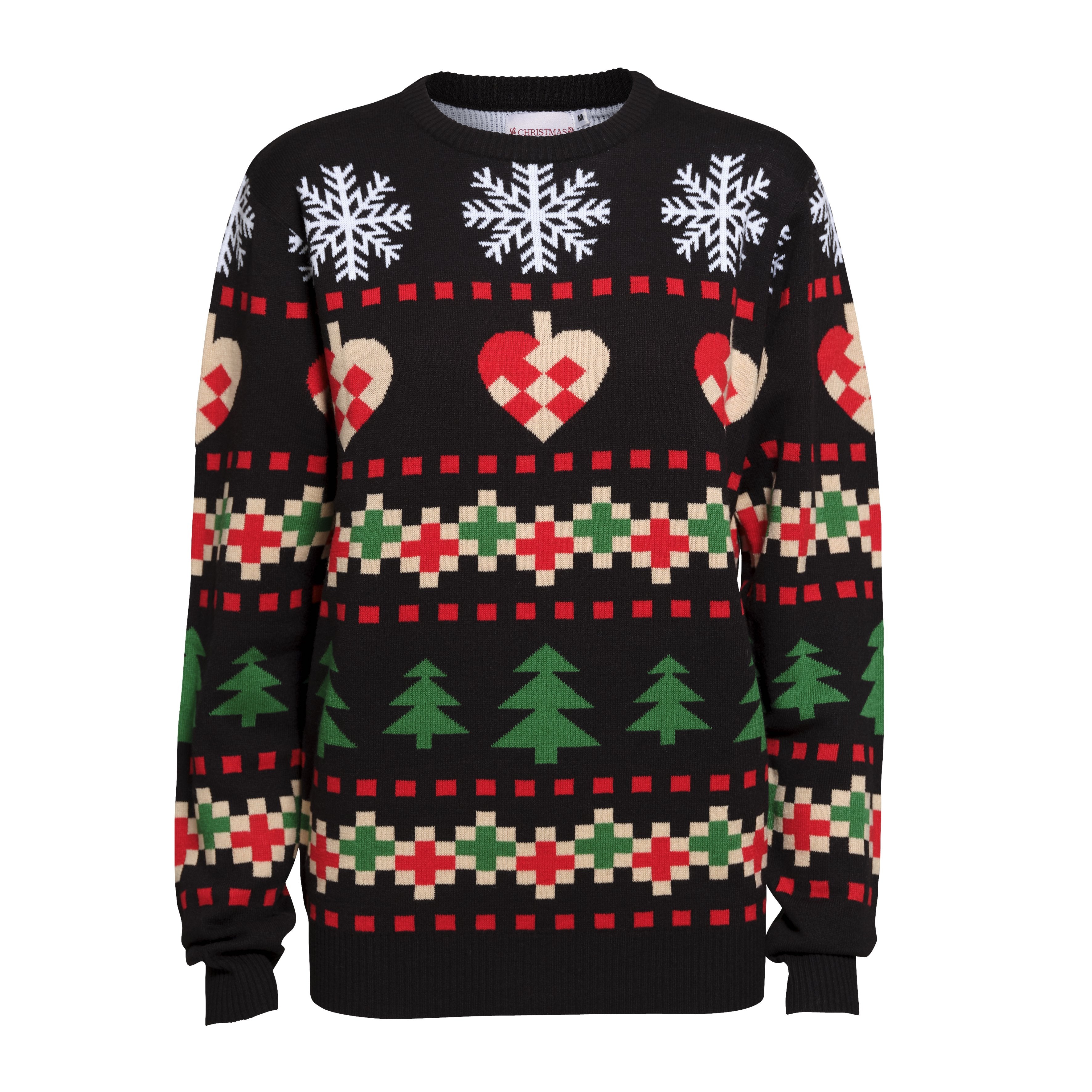 Un pull de Noël noir avec un imprimé de Noël.