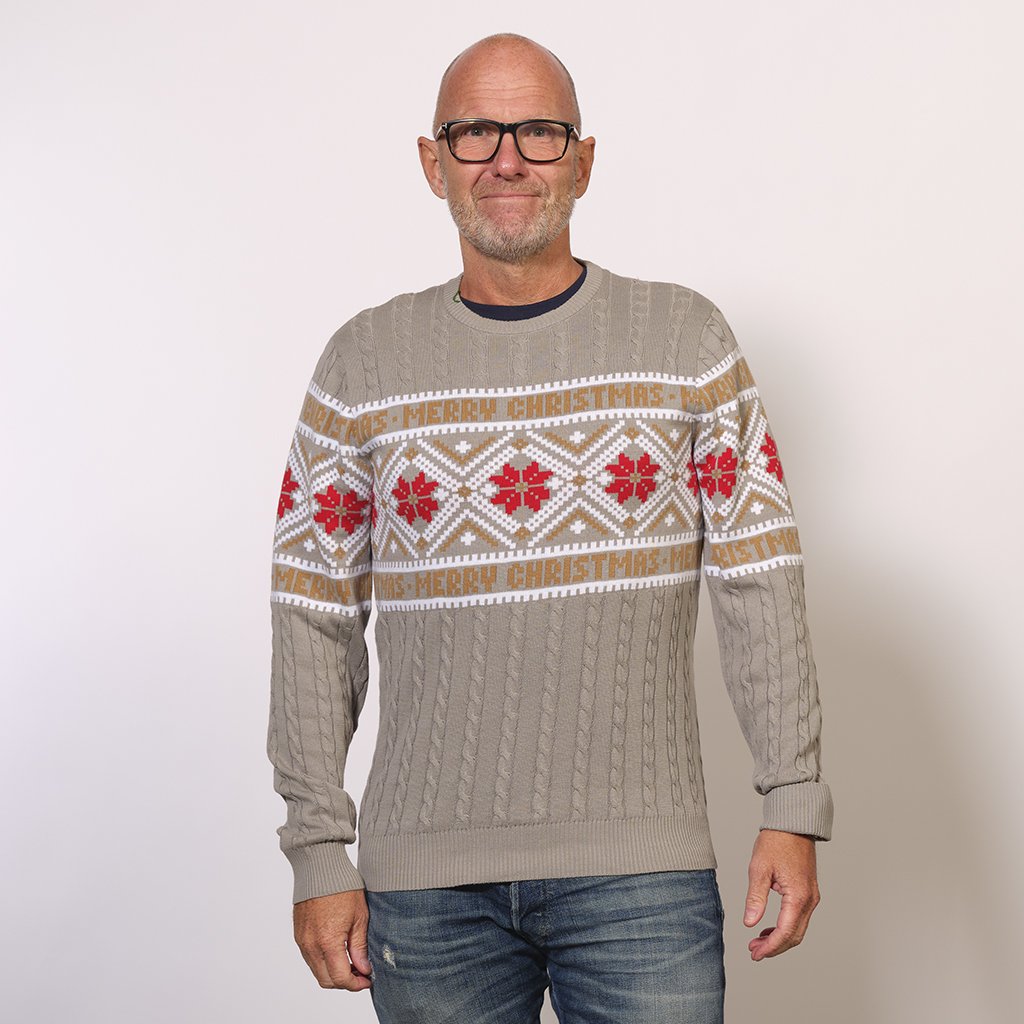 Un homme portant un pull de Noël gris avec un motif de Noël.