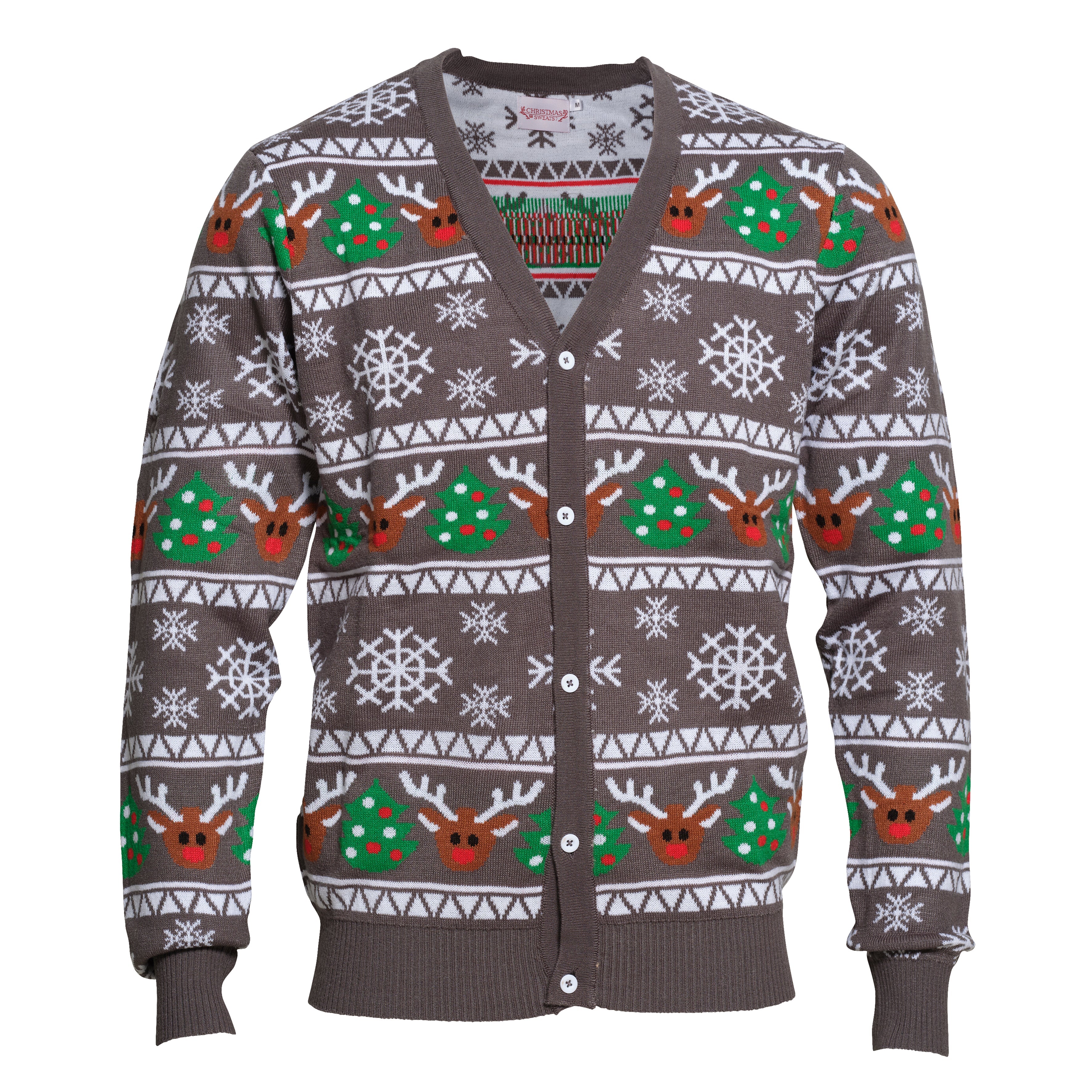 En julecardigan i farven grå med snefnug og rensdyr på.