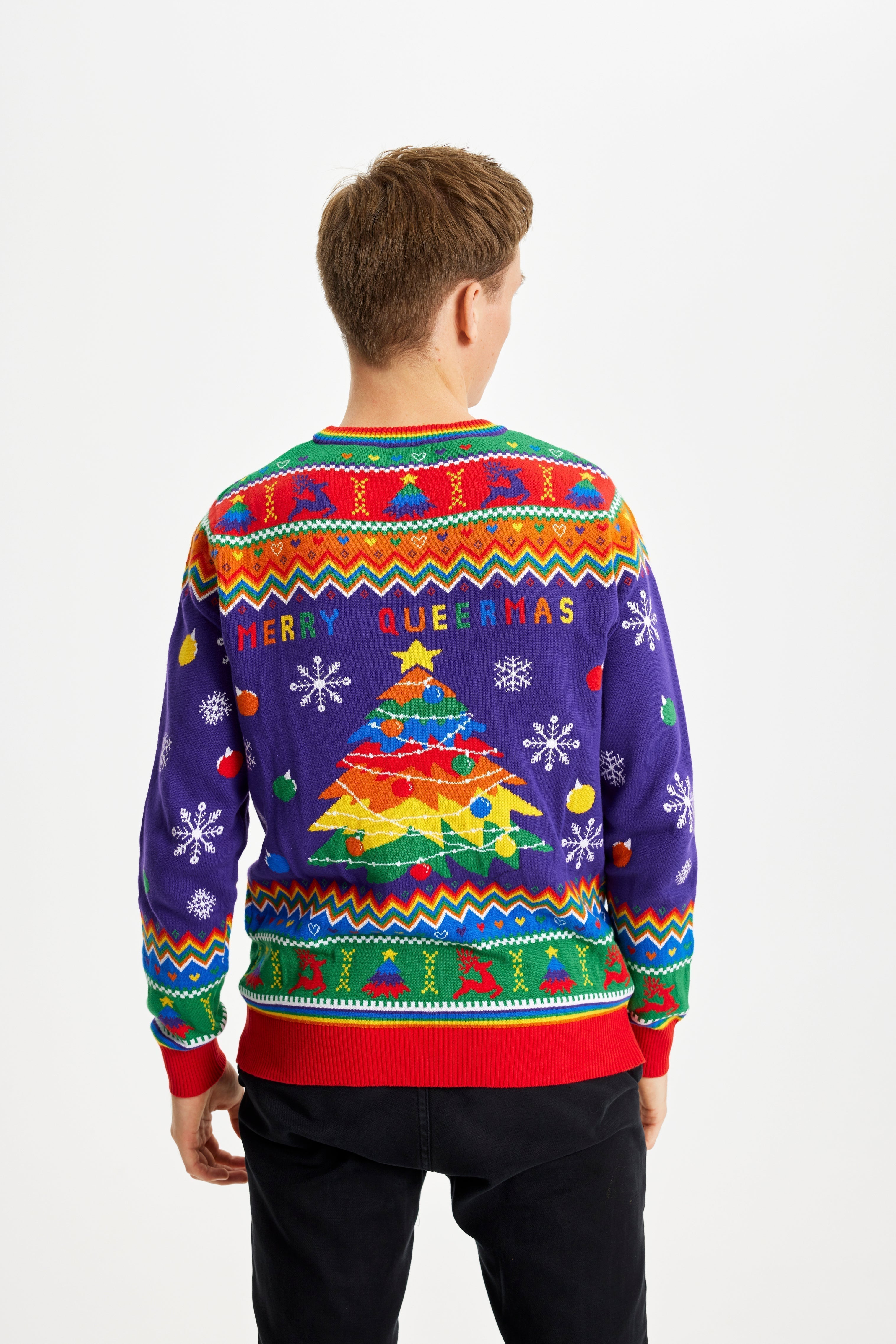 Un homme, le dos tourné, portant un pull de Noël aux couleurs de l'arc-en-ciel avec la citation 