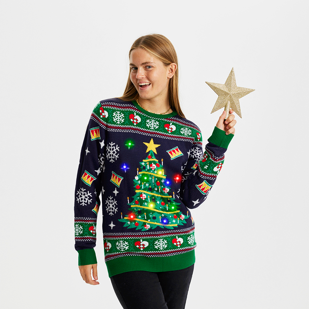 Pull De Noël De L'arbre LED Bleu - Femme