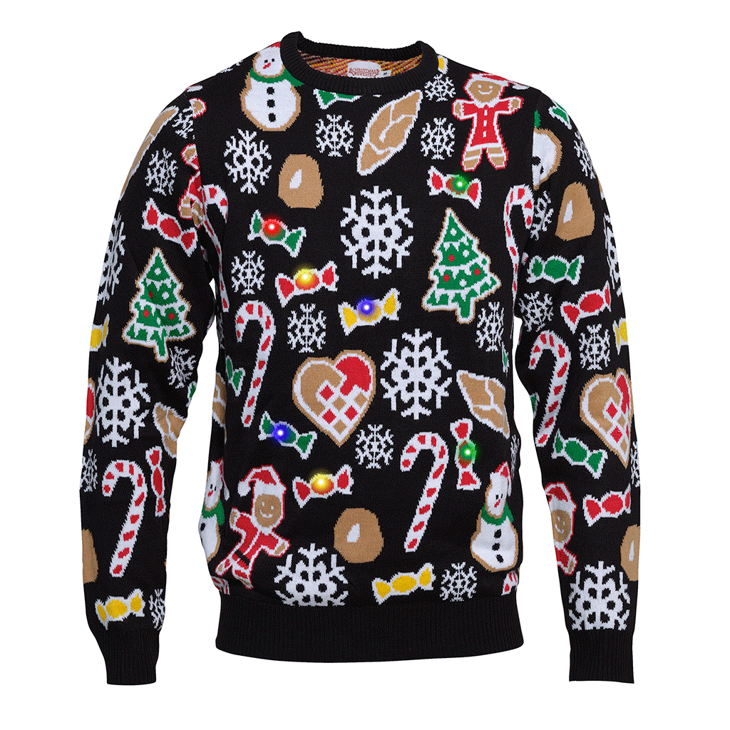 Un pull noir avec des décorations de Noël.