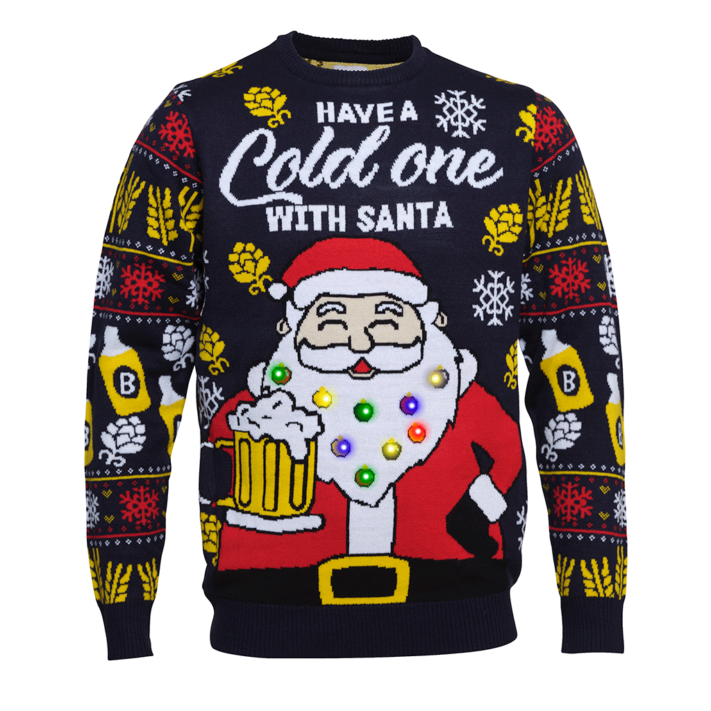 Een blauwe kersttrui met de quote "Have a cold one with Santa".