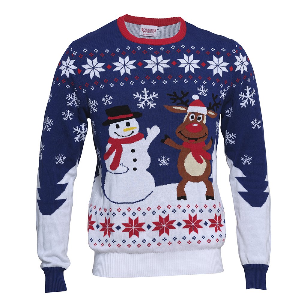 Un pull de Noël blanc et bleu avec un bonhomme de neige et Rudolph.