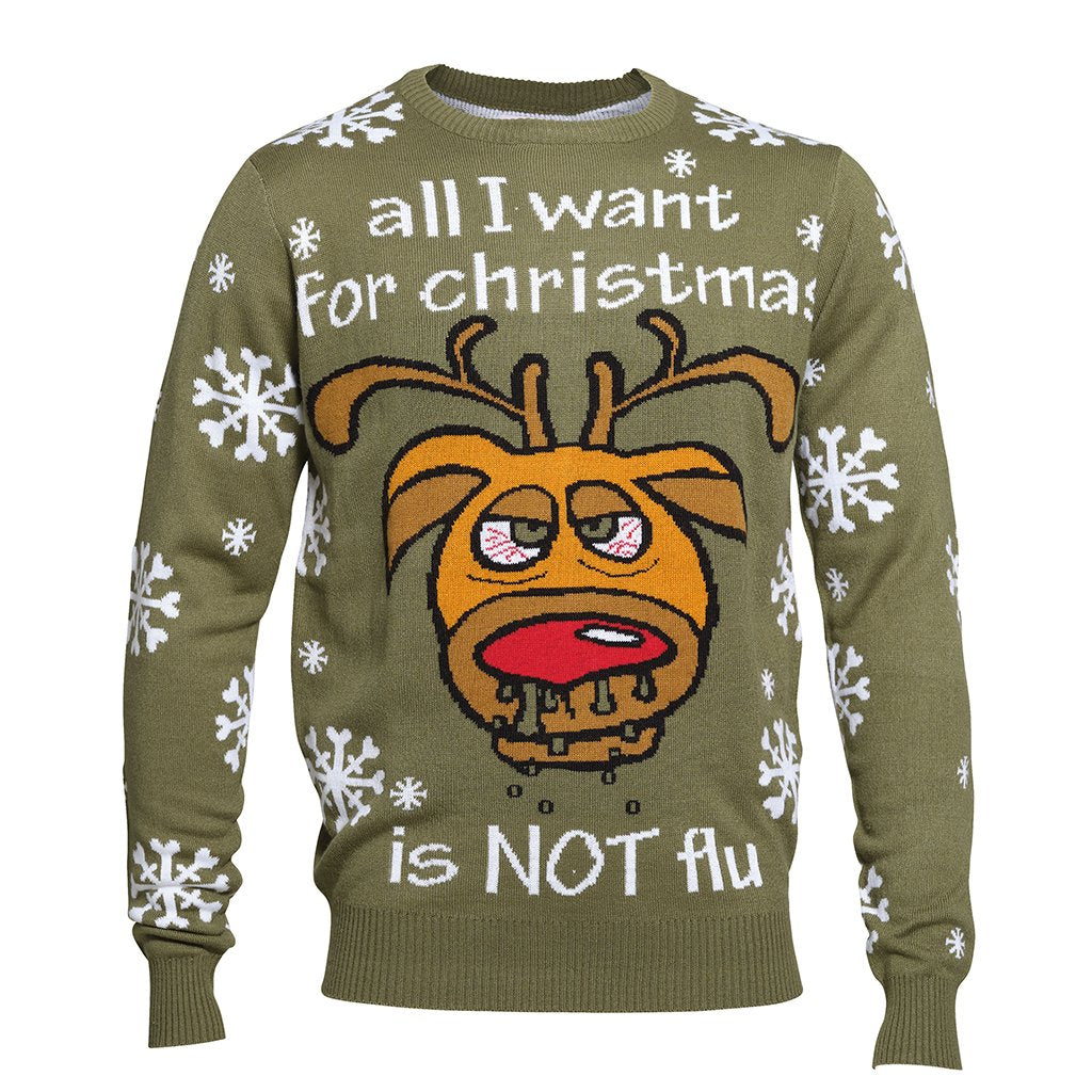 Un pull-over de Noël vert avec la citation 