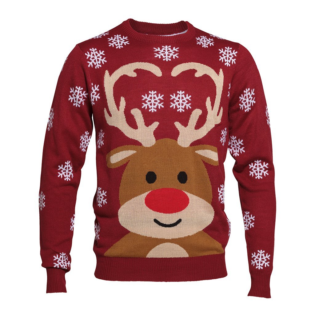 Un pull de Noël rouge foncé avec Rudolph et des flocons de neige.